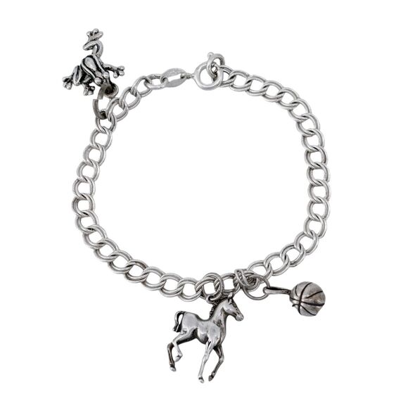 Vintage Italy SU Sterling Silver 925 Frog Horse Basketball Charm Bracelet 7" - Picture 2 of 6